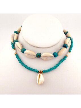 Cowrie Shell Bead Layered Necklace Set Boho Beach Coastal Turquoise Color